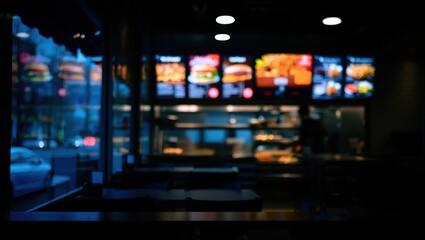 Obraz premium A blurred view of a fast food restaurant interior at night with glowing menu boards in the back