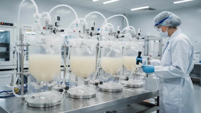Medium shot inside a lab demonstrating singleuse bioreactor units showcasing sterile disposable cultivation systems for efficient biologic drug substance production.