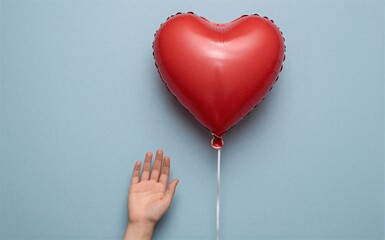 Obraz premium Red heart balloon held by a hand against a soft blue background.