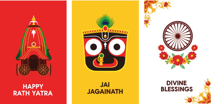 Happy Rath Yatra Celebration Banner with Lord Jagannath Face and Chariot Illustration in Flat Style