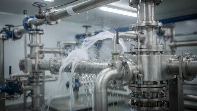 Medium shot capturing an automatic backwash filtration system in action showcasing mechanical components initiating cleaning cycles to maintain optimal filter performance.