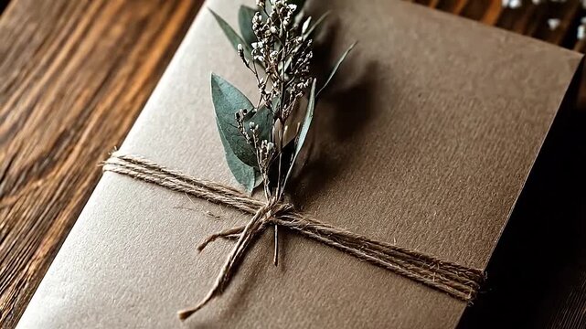 A simple gift package tied with twine and decorated with greenery