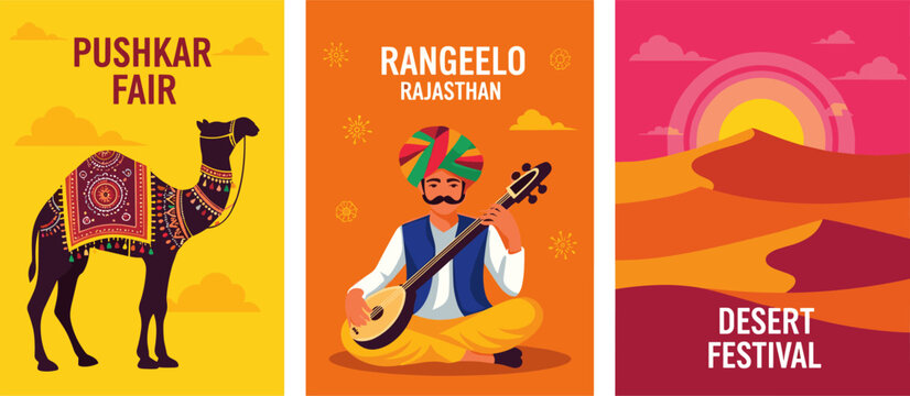 Rajasthan Tourism Banner Set with Camel, Folk Musician, and Desert Sand Dunes in Flat Design Style