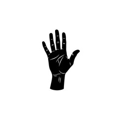 Obraz premium Black silhouette of an open palm hand, displaying all five fingers extended upwards against a plain white background, symbolizing communication and reach