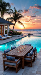 Fototapeta premium Luxury Tropical Villa with Infinity Pool and Ocean View at Sunset created with Generative AI Technology, ai, generative