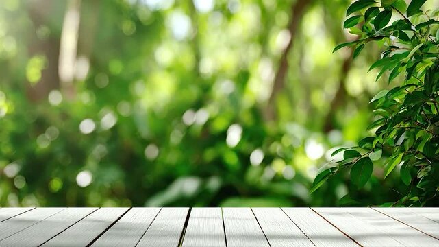 Empty white wooden table with blurred green natural background and bright