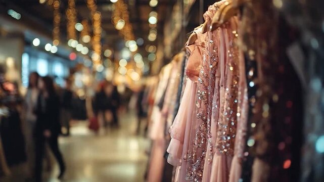 Row of sparkling evening gowns hanging on a rack in a boutique