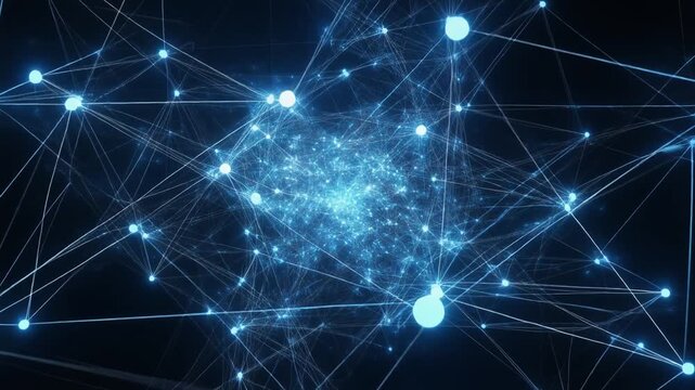 Glowing blue neural network with interconnected nodes, symbolizing artificial intelligence, machine learning, and complex data communication.