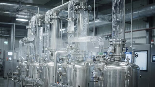 Medium shot of a hightech volatile solvent recovery system capturing and recycling acrylic spinning solvents in a closedloop industrial setup.