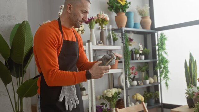 Man hispanic florist wearing orange sweater apron and gloves holding smartphone framing potted tulips in shop; care craft focus.