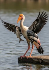 Fototapeta premium Painted Stork with Fish Catch on Wooden Platform.