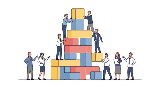 Vector illustration of business people building block tower