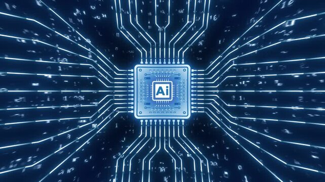 Futuristic AI chip at the center of a digital system represents machine learning, data processing, and next-generation computing technology