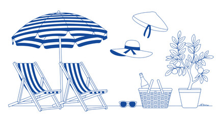 blue line art summer vacation items collection, minimal outline illustration beach umbrella, lounge chairs, sun hat and picnic basket, clean modern vector design for seasonal travel themes. © MD FARIDUL