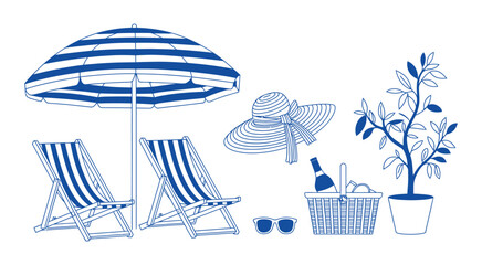 blue line art summer vacation items collection, minimal outline illustration beach umbrella, lounge chairs, sun hat and picnic basket, clean modern vector design for seasonal travel themes. © MD FARIDUL
