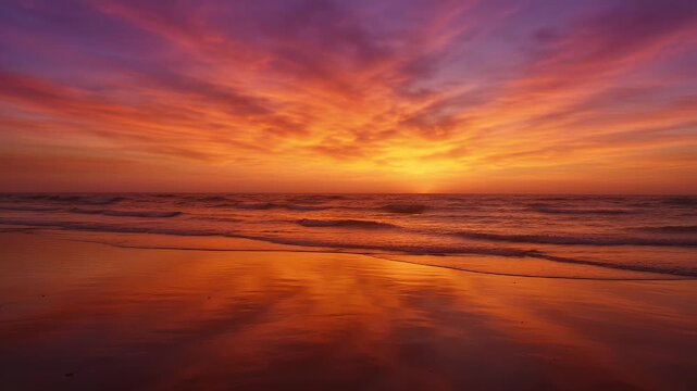 Vibrant sunset painting clouds fiery orange and purple, reflecting on calm ocean and wet sand
