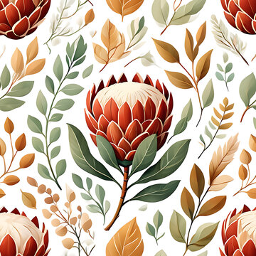 Vibrant floral pattern featuring protea flowers and colorful leaves isolated on white background with autumnal hues and delicate foliage