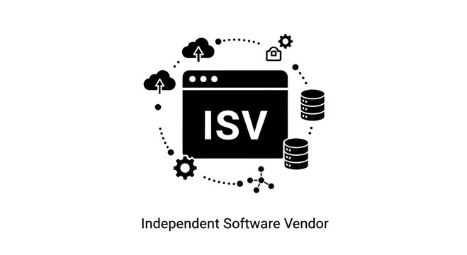 Independent Software Vendor (ISV) conceptual icon design. Flat vector illustration of software ecosystem with cloud computing, database, and settings icons.