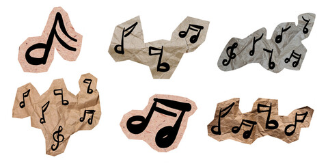 Music note stickers for scrapbooking. Torn paper cutouts with hand-drawn musical symbols. Textured...
