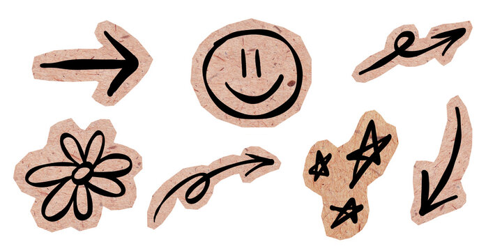 Handcrafted paper cutout elements for scrapbooking. Arrows, smile, flower, stars stickers on textured paper. Isolated on transparent background. Ideal for journaling, DIY crafts, and digital design.