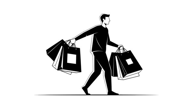 Man walking with many shopping bags illustration. Male character carrying full bags, consumerism concept. Black and white line art vector.