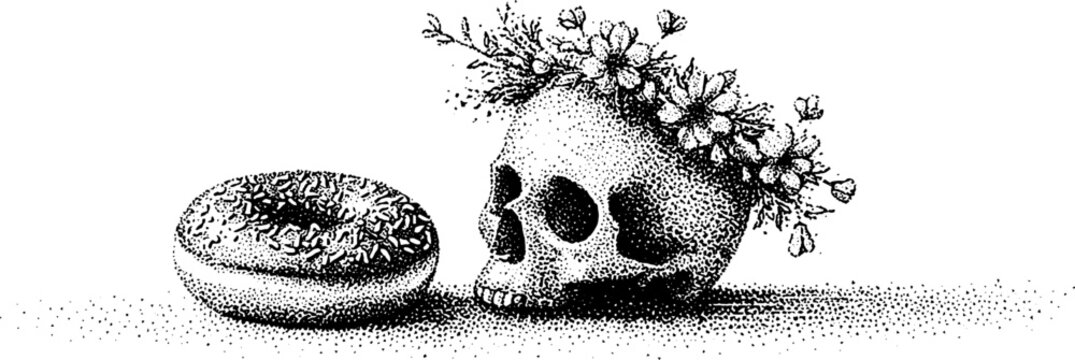 Monochrome stippled skull and donut with sprinkles and floral details for art design