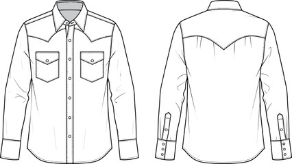 Western Denim Shirt Technical Sketch Vector Illustration Front and Back View Blank Mens Long Sleeve Button Down Apparel Design Template © DALIARA 