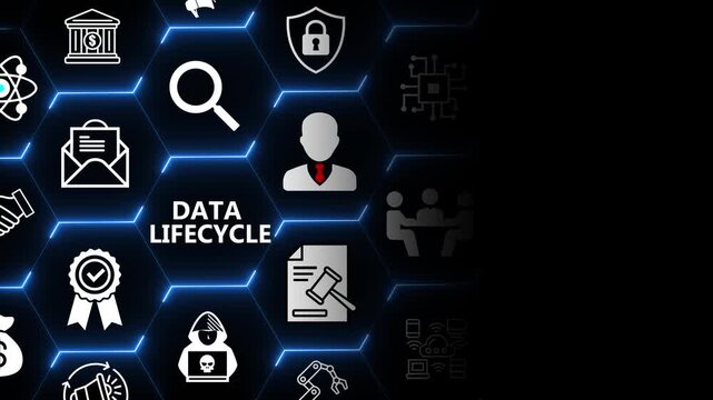 Data lifecycle management concept with user and document elements for data processing storage governance and analytics across modern digital systems 4k animation video