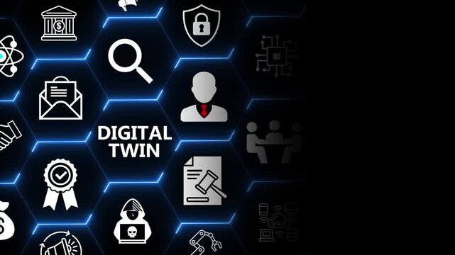 Digital twin technology concept with data and connection elements for real time simulation monitoring and system optimization in modern industrial environments 4k animation video