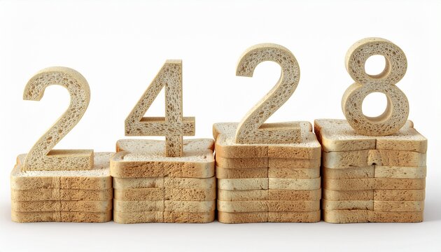 The numbers 2428 crafted from bread slices, standing on individual stacks of toast against a clean white background.