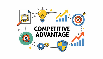Fototapeta premium Competitive advantage business concept with flat line icons of target, shield, gears, and lightbulb, vector illustration isolated on white.