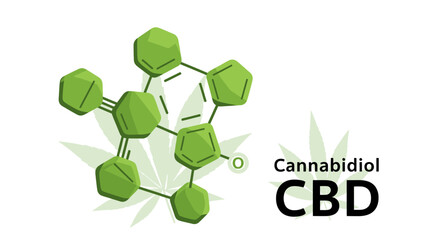 Fototapeta premium Cannabidiol CBD chemical molecular structure with hemp leaf silhouette, medical cannabis concept illustration isolated on white.