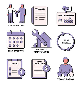 Property Management Icon Set Vector, Rental Process, Tenant Application, Lease Agreement, Rent Payment, Key Handover, Property Maintenance and Tenant Rating Business Icons