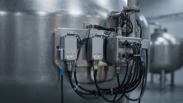 Closeup of networked sensors on a mixing machine displaying live load analytics transmitted to a cloud monitoring system.