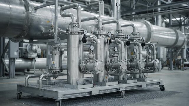 Medium shot of a standby carbon capture skid integrated on an industrial vent line showcasing the modular setup prepared for quick activation when required.