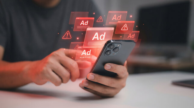 A person uses a smartphone displaying numerous glowing red "Ad" notifications and warning symbols, highlighting digital advertising challenges.