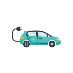 Fototapeta premium Flat design illustration of a teal electric car plugged into a charger, symbolizing sustainable energy and future transportation