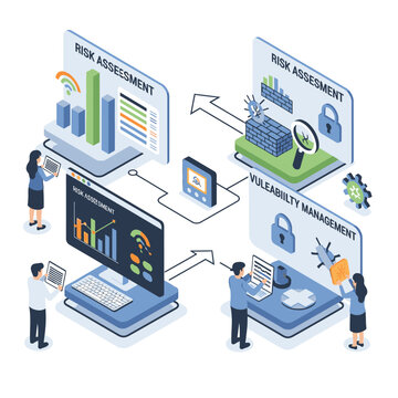 Cybersecurity risk assessment and vulnerability management process illustrated with isometric diagrams and people interacting with data.