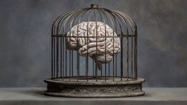 Human Brain Trapped Inside Vintage Birdcage Concept Of Mental Prison And Creative Block On Grey Background