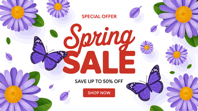 Spring sale special offer purple flowers and butterflies on white background