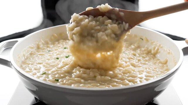 Creamy porridge being stirred in a hot pan in the kitchen.