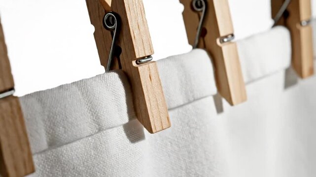 Close Up Clothespins Gripping White Laundry Fabric.
