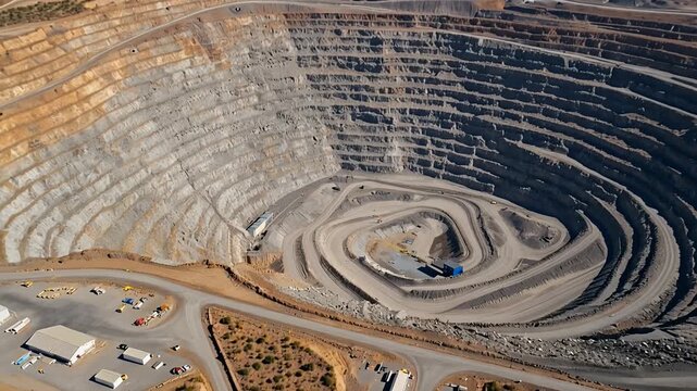 open pit mine terraces with trucks in desert landscape