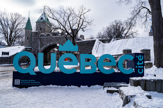 Sign of Quebec City landmark in winter. Quebec City, Canada - December 22, 2025.
