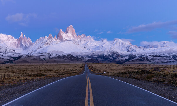 a close view of monte fitz roy and the road to el chalten at dawn on an autumn morning in patagonian argentina