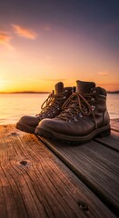 Fototapeta premium Durable hiking boots resting neatly on a weathered wooden dock, bathed in the warm, golden glow of a peaceful sunset. Shallow focus, sunset, solitude, planks
