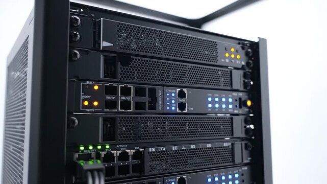 Rows of server racks in a modern data center.