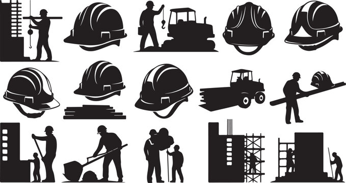 Construction Workers and Equipment Silhouettes on White Background Vector Illustration