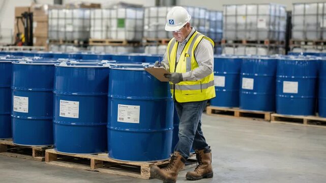 Employee reviews resin drum integrity with clipboard notes confirming proper labeling and quality control in an industrial staging area.