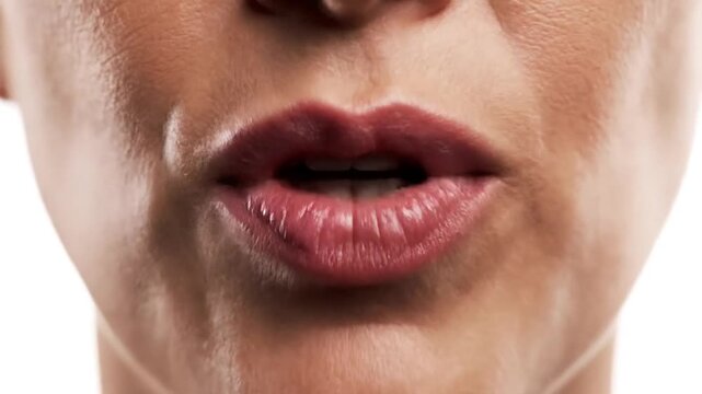 Close Up Of Mouth And Lips Speaking In White Studio Background.